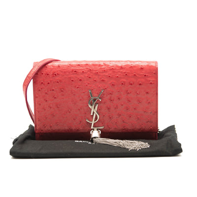 Saint Laurent Ostrich Embossed Kate Monogram Tassel Chain Wallet Pink