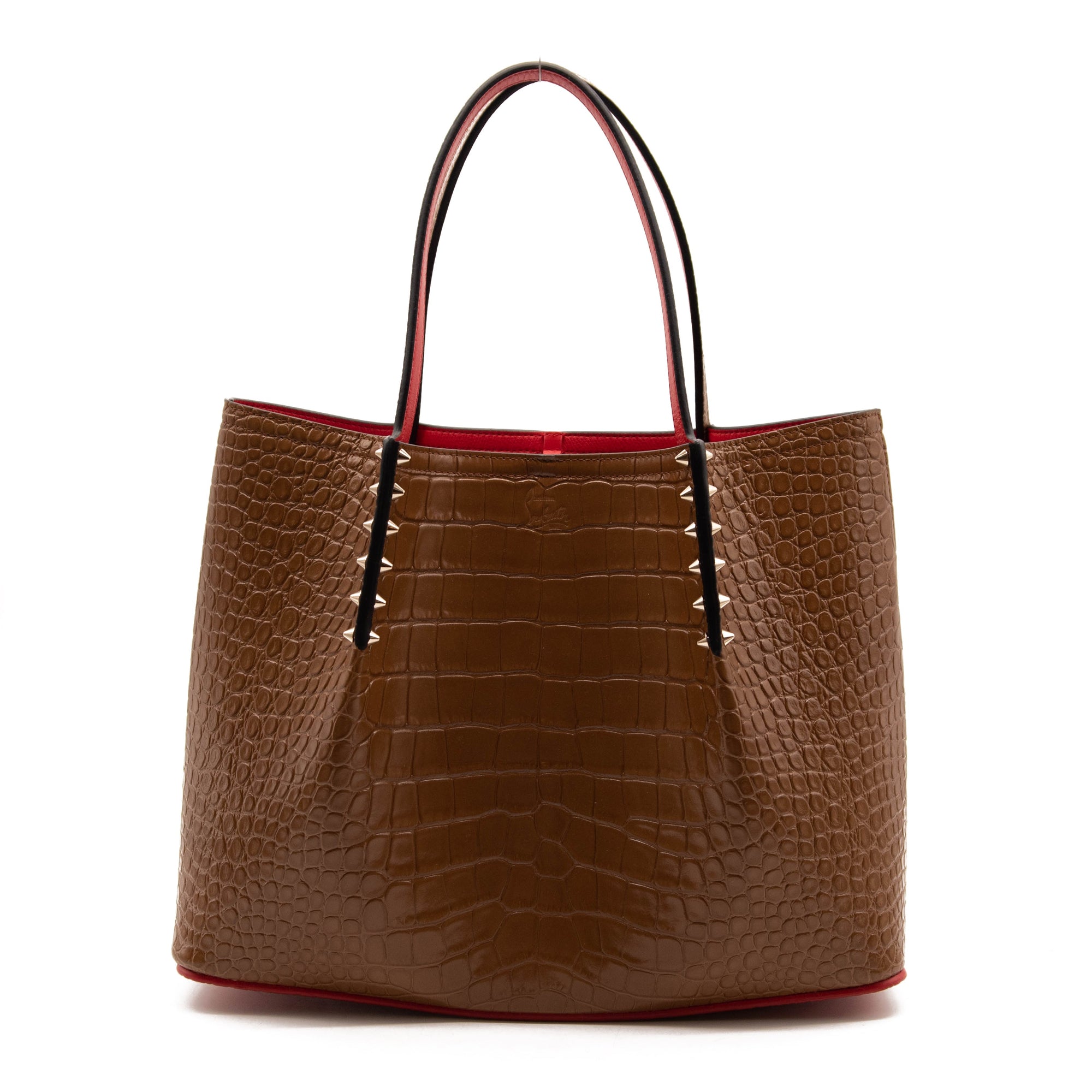 NEW Christian Louboutin Large Cabarock Croc Embossed Leather Tote Brown