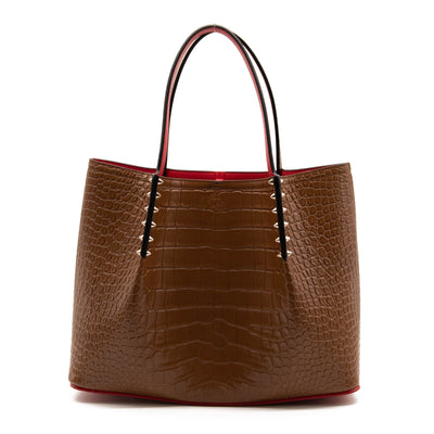 NEW Christian Louboutin Large Cabarock Croc Embossed Leather Tote Brown