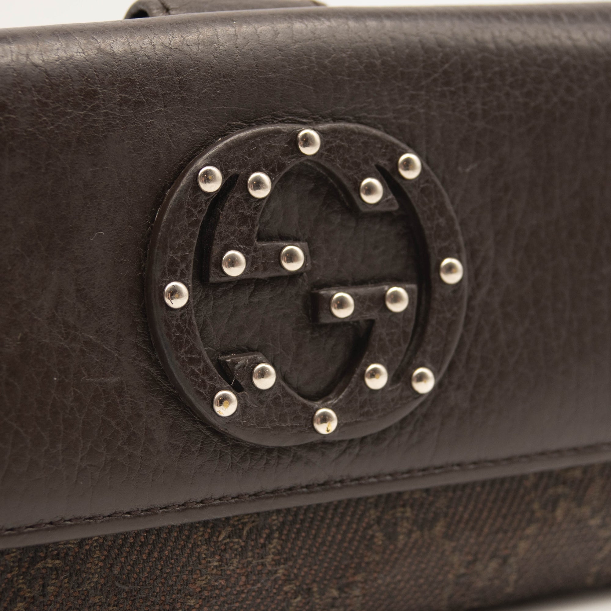 Gucci Monogram Interlocking G Continental Wallet Brown Canvas Studded Flap