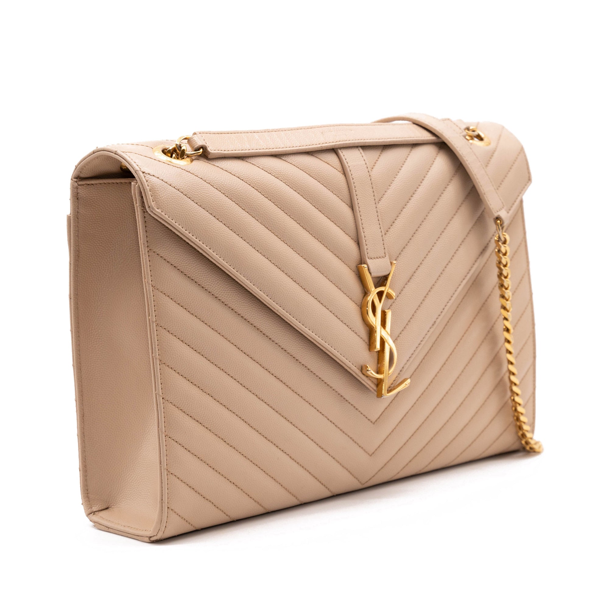 Saint Laurent Grain De Poudre Matelasse Chevron Large Monogram Satchel Dark Beige