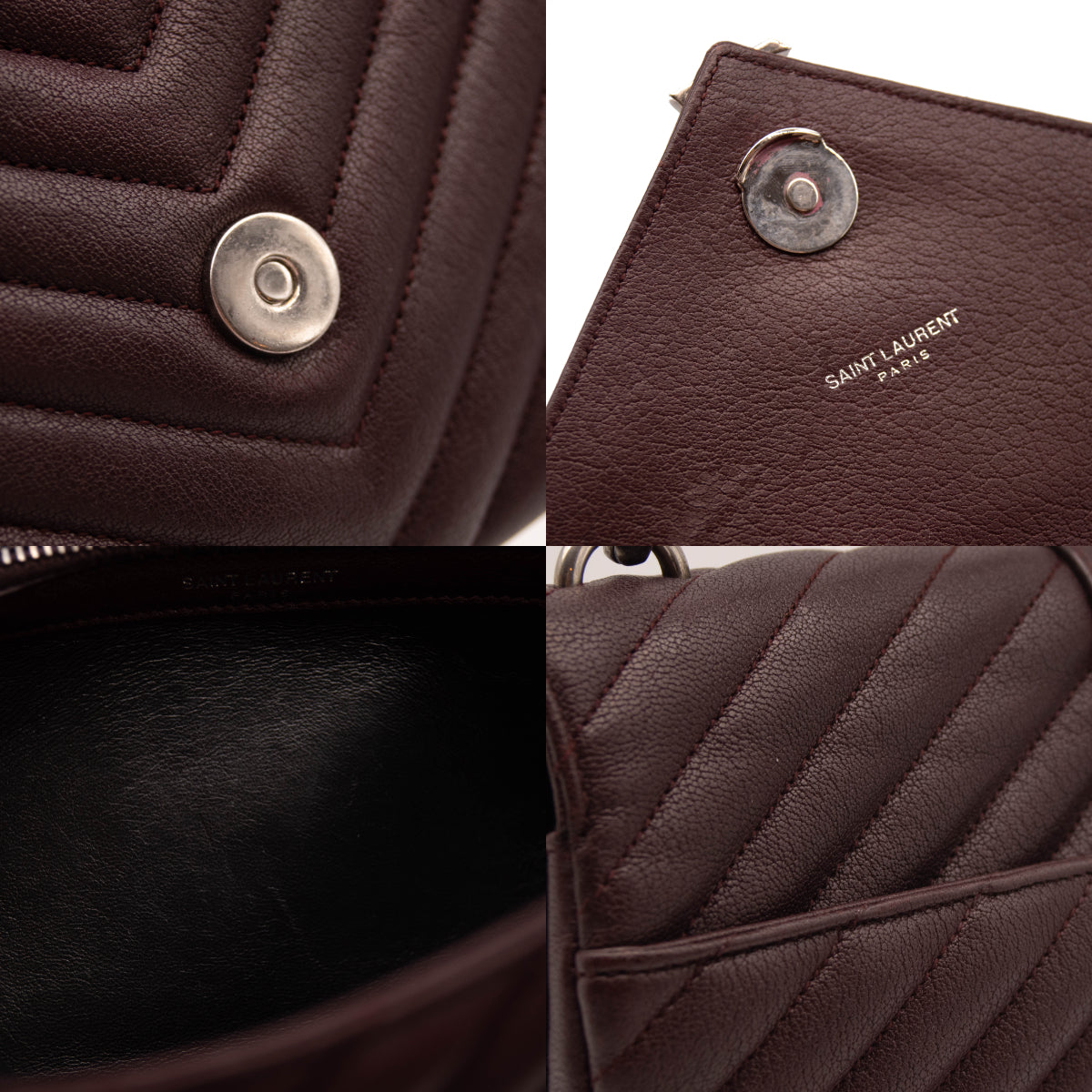 USED Saint Laurent Sheepskin Matelasse Chevron Monogram Medium College Bag Rouge Legion