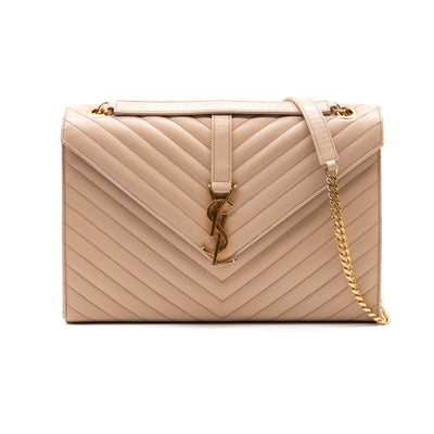 Saint Laurent Grain De Poudre Matelasse Chevron Large Monogram Satchel Dark Beige