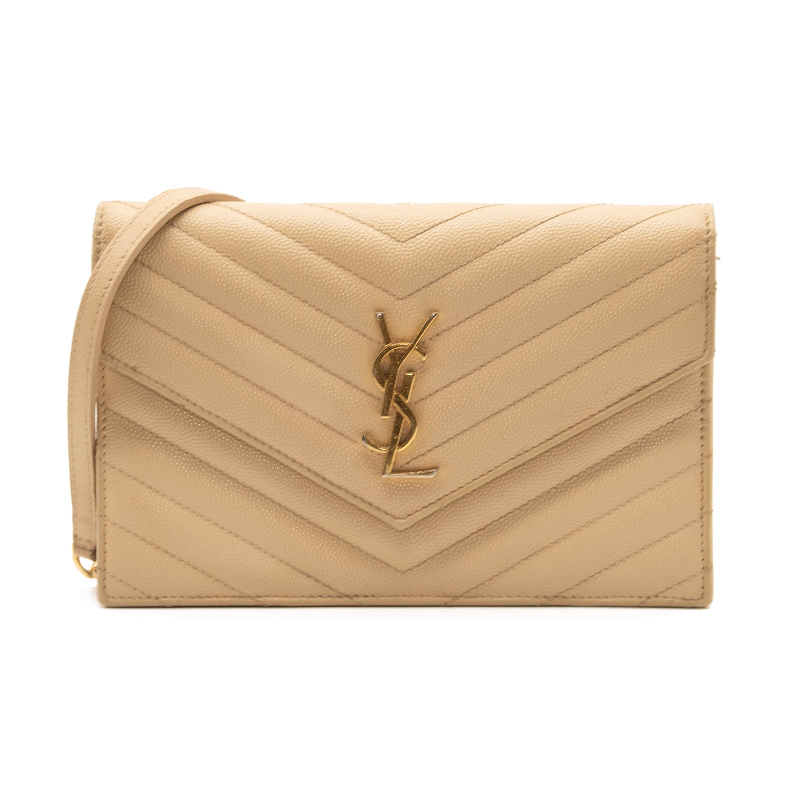 SAINT LAURENT Grain De Poudre Matelasse Chevron Monogram Envelope Chain Wallet Beige