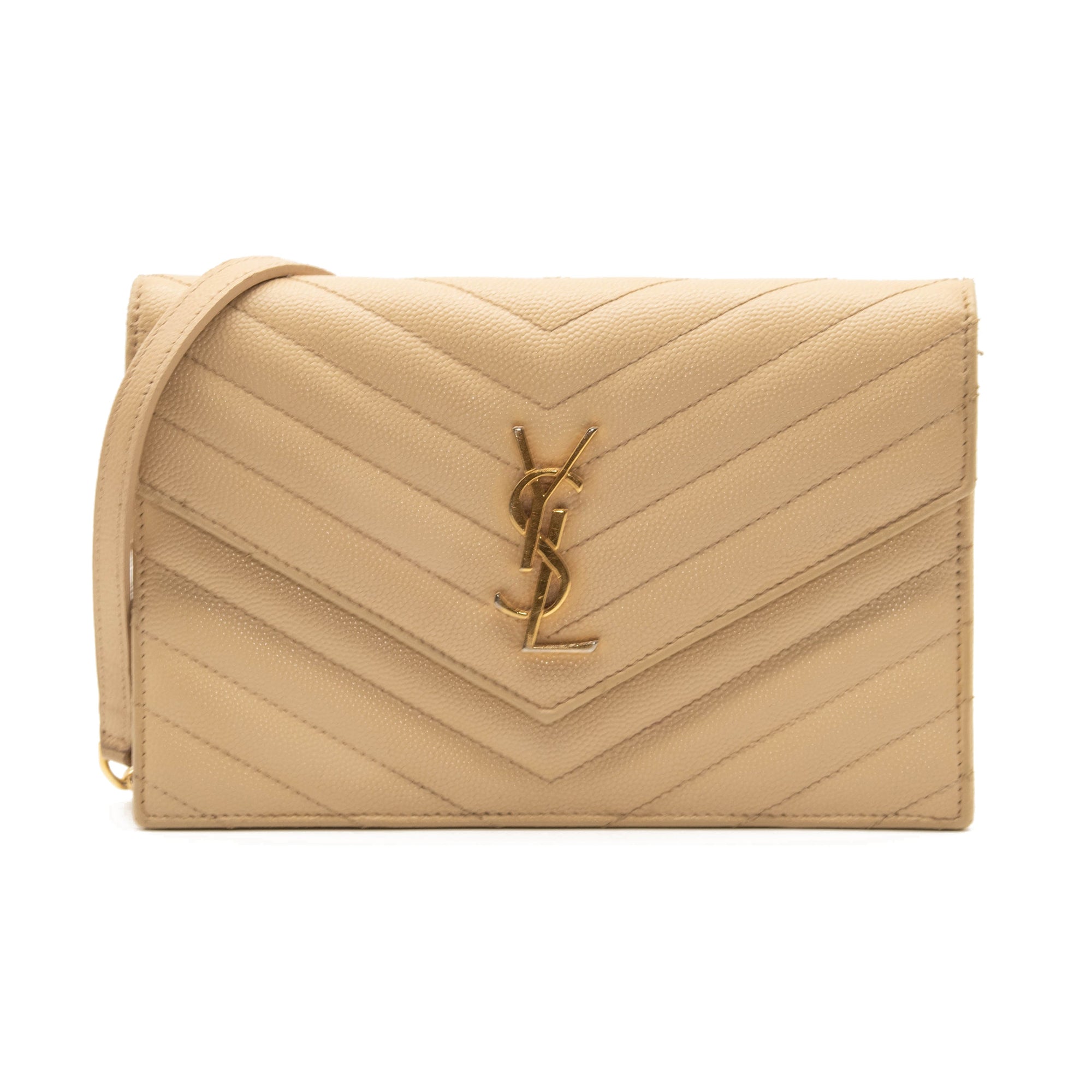 SAINT LAURENT Grain De Poudre Matelasse Chevron Monogram Envelope Chain Wallet Beige