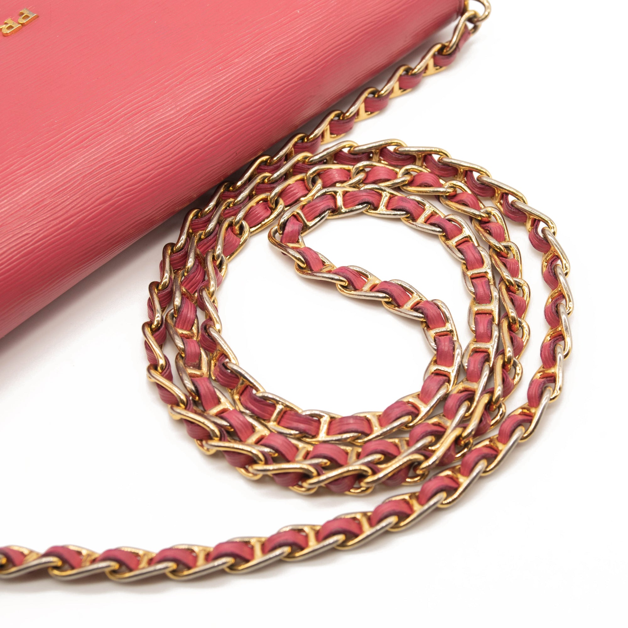 Prada Saffiano Metal Oro Chain Wallet Peonia Pink Crossbody