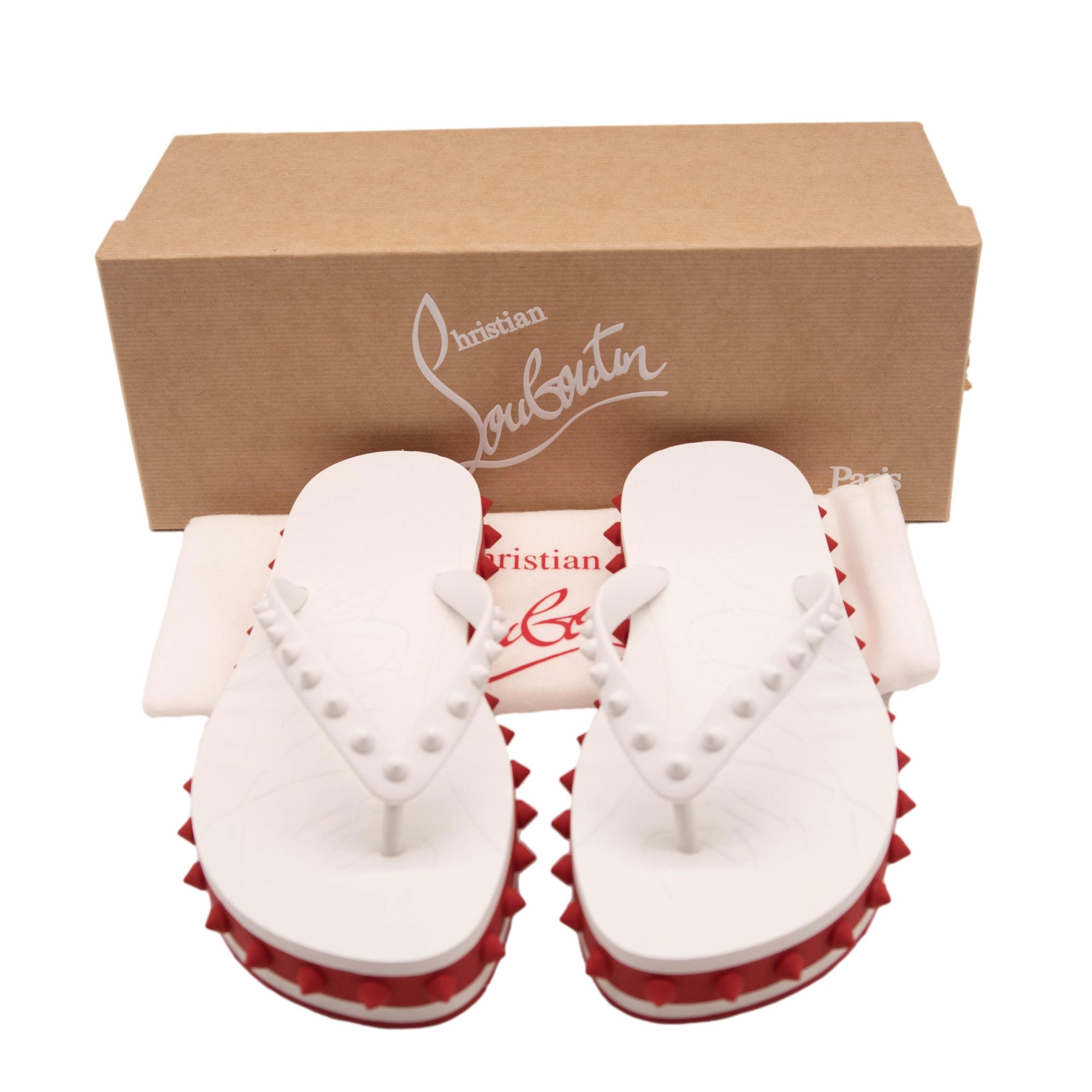 NEW Christian Louboutin Loubi Stud Platform Flip Flop white red sandal 39