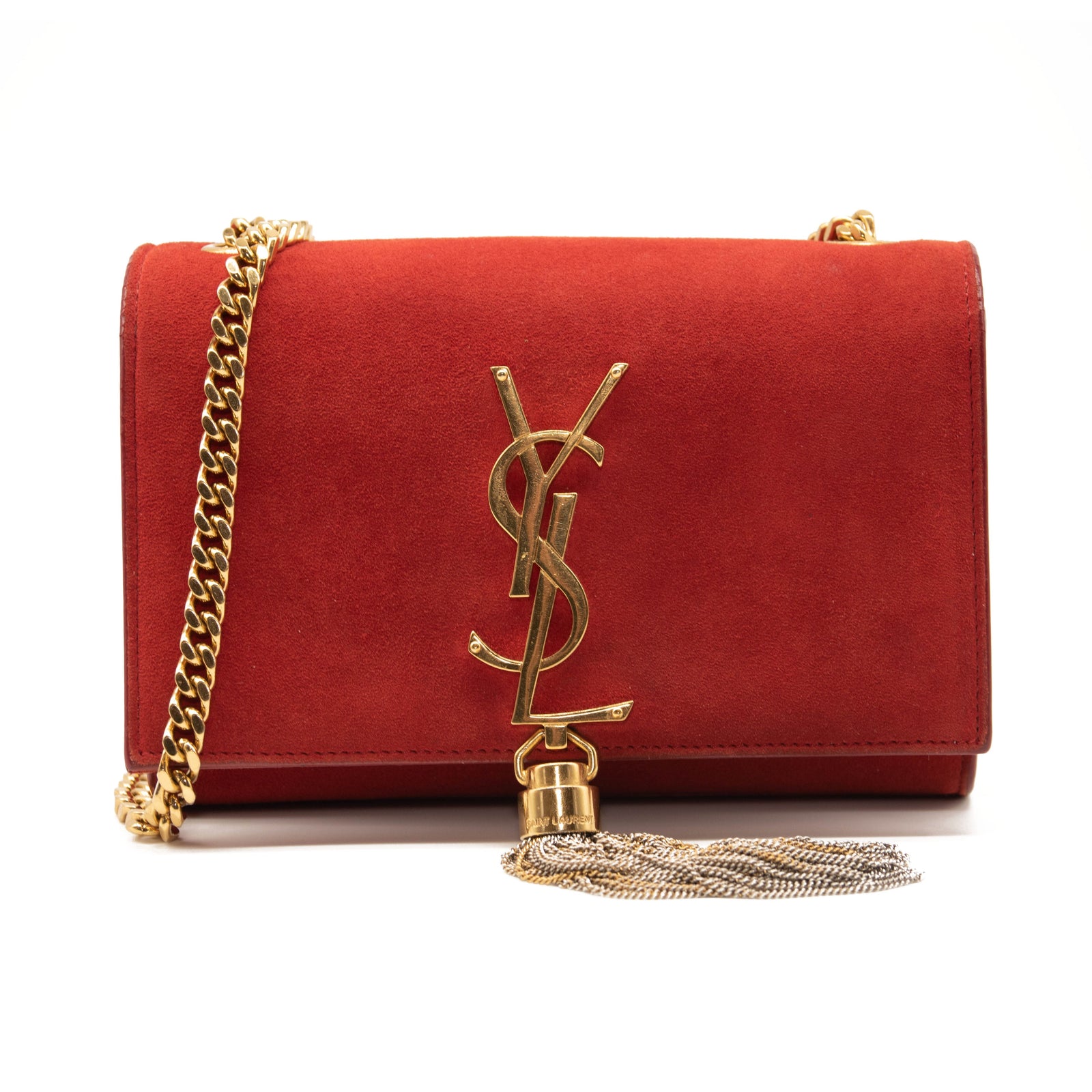 Saint Laurent Suede Small Classic Monogram Kate Tassel Satchel Red