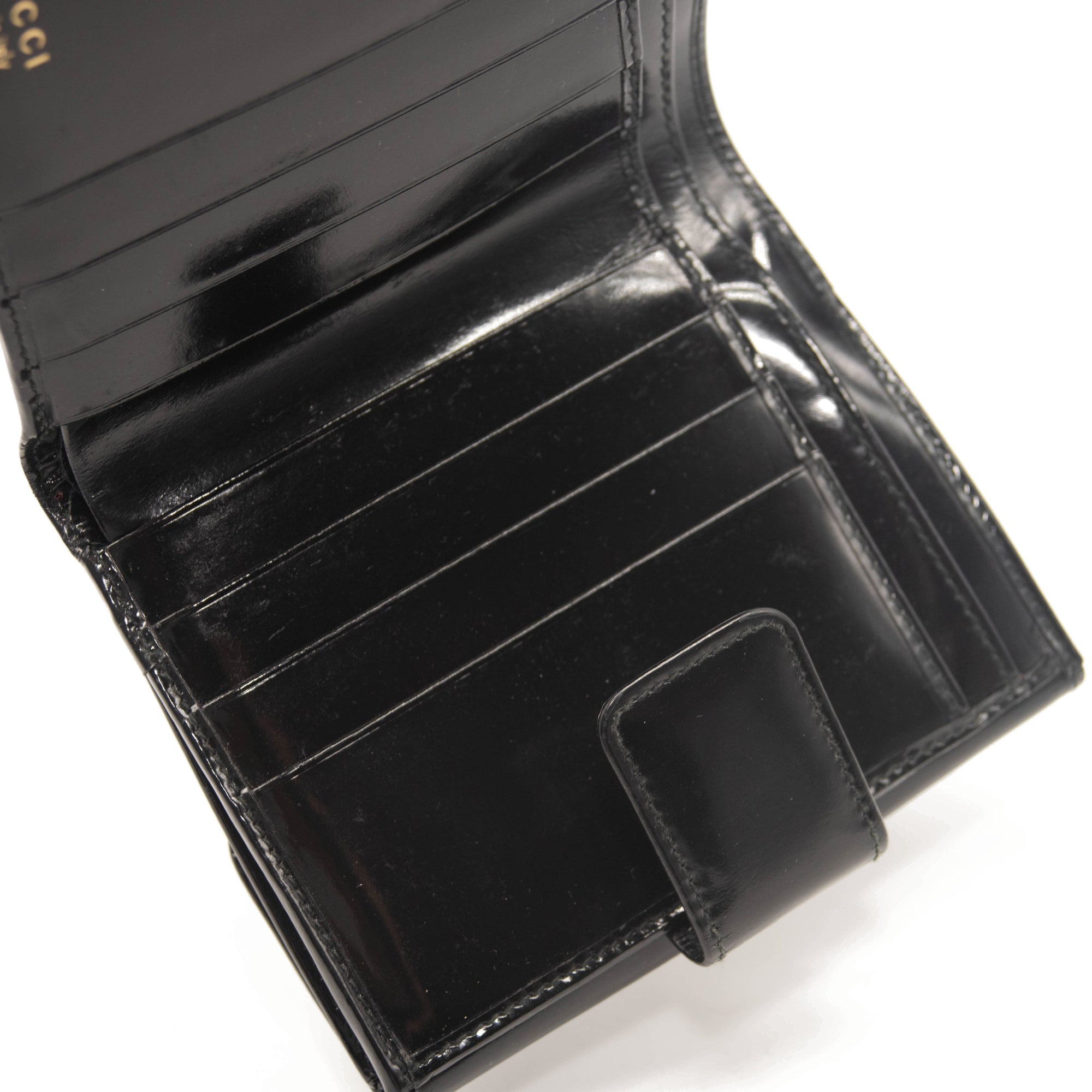 Gucci Vintage Leather French Purse Wallet Bifold Card Holder Black Patent