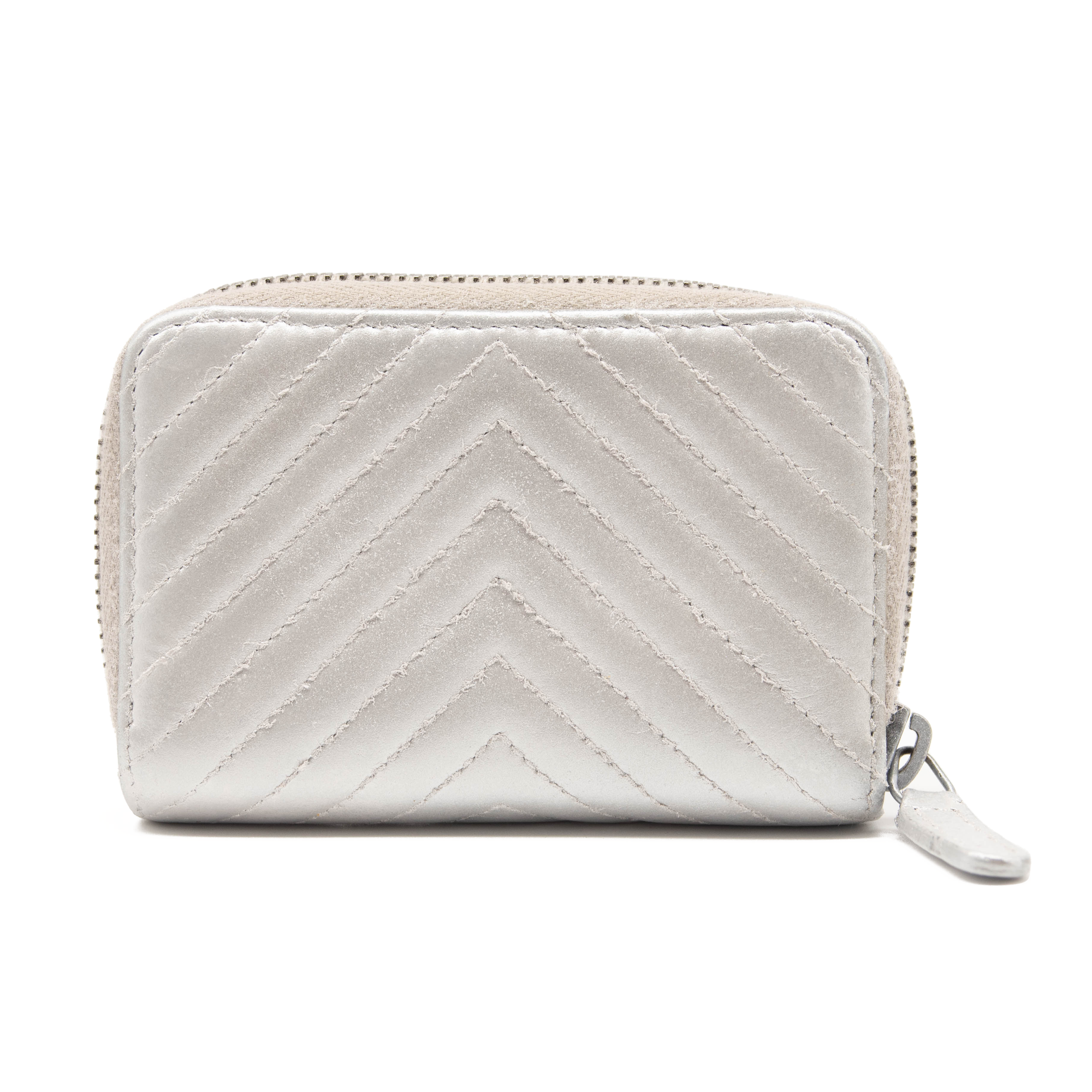 Chanel Metallic Lambskin Chevron Quilted Zip Coin Purse Silver Wallet