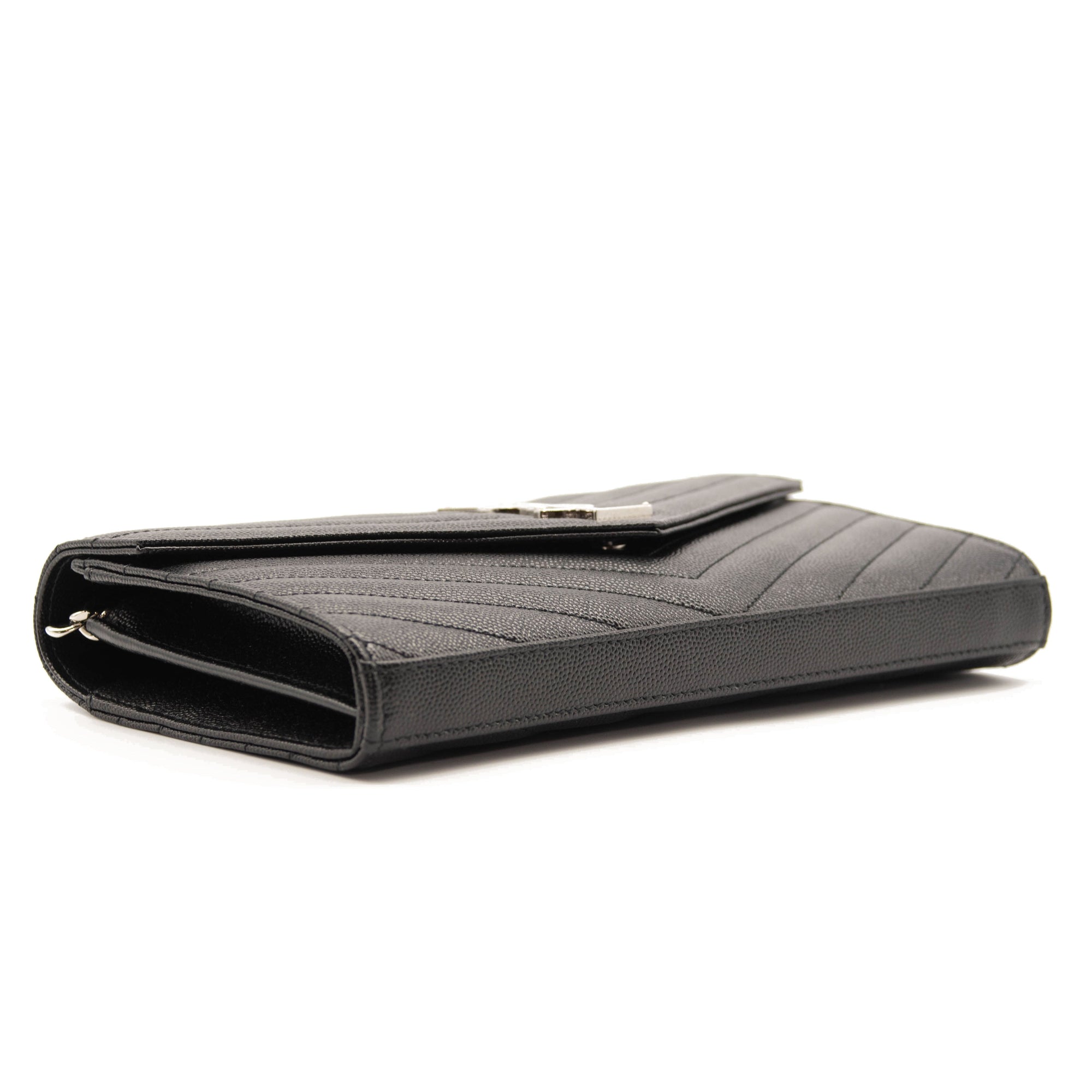 Saint Laurent Grain De Poudre Matelasse Chevron Monogram Chain Wallet Black