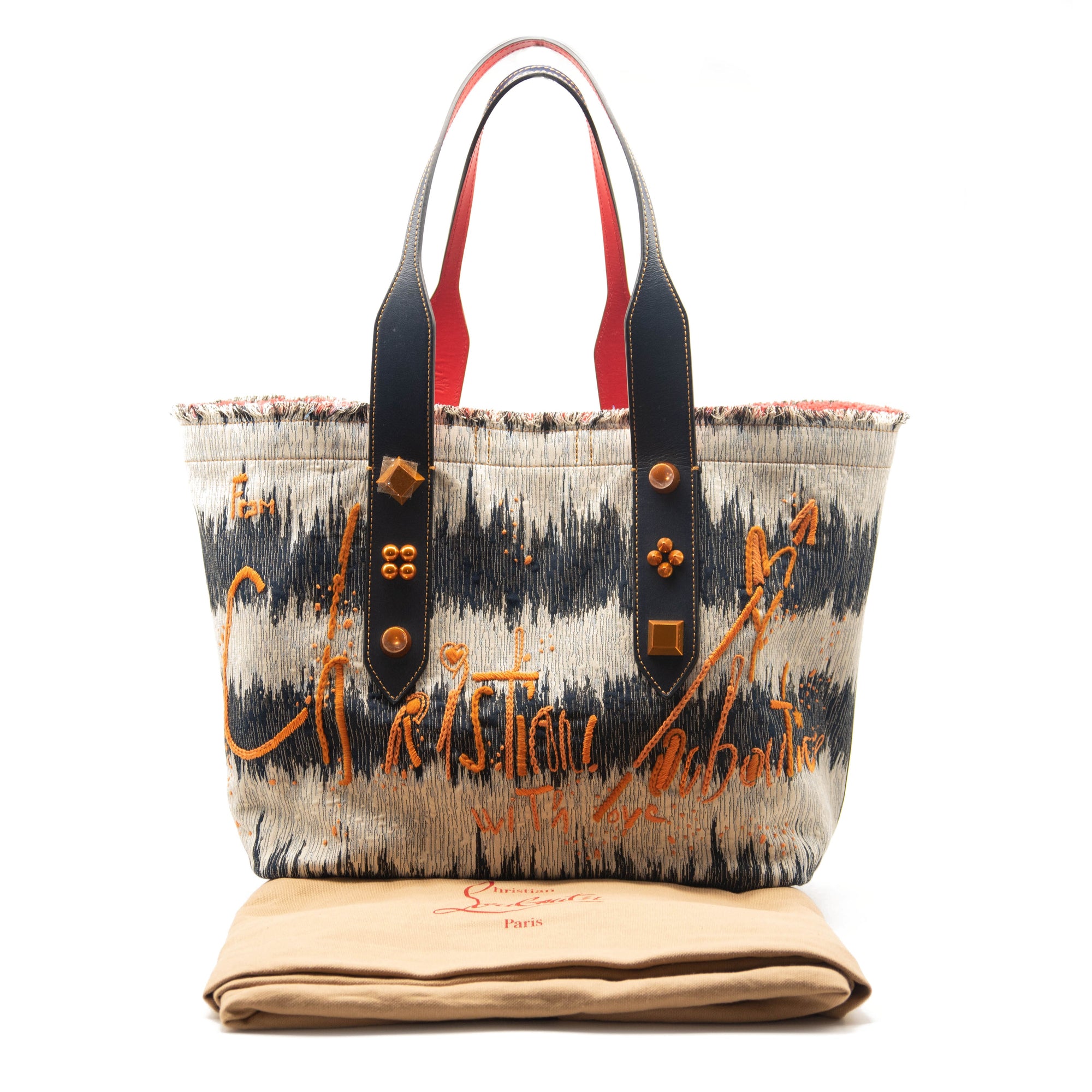 NEW Christian Louboutin Frangibus Medium Embroidered Tote Denim Orange Logo