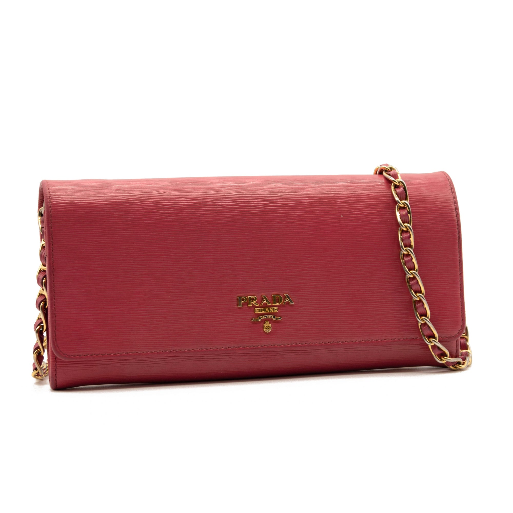 Prada Saffiano Metal Oro Chain Wallet Peonia Pink Crossbody