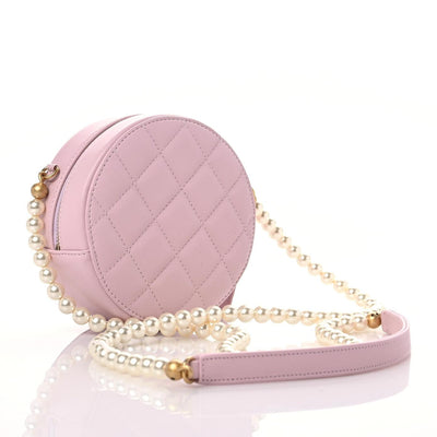 Chanel Calfskin Quilted Pearl Round Clutch With Chain Light Pink