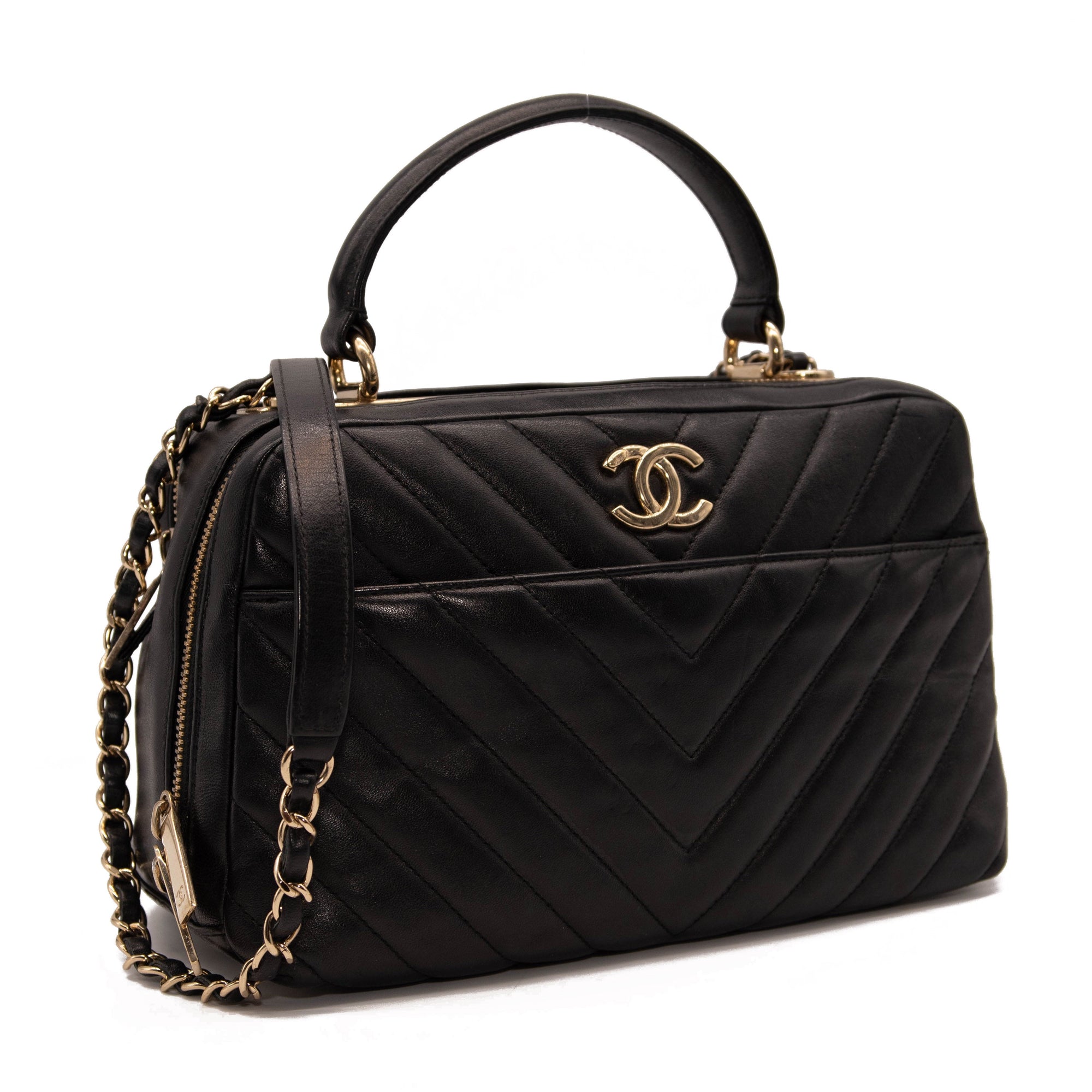 Chanel Lambskin Chevron Quilted Small Trendy CC Bowling Bag Black with Gold Hardware