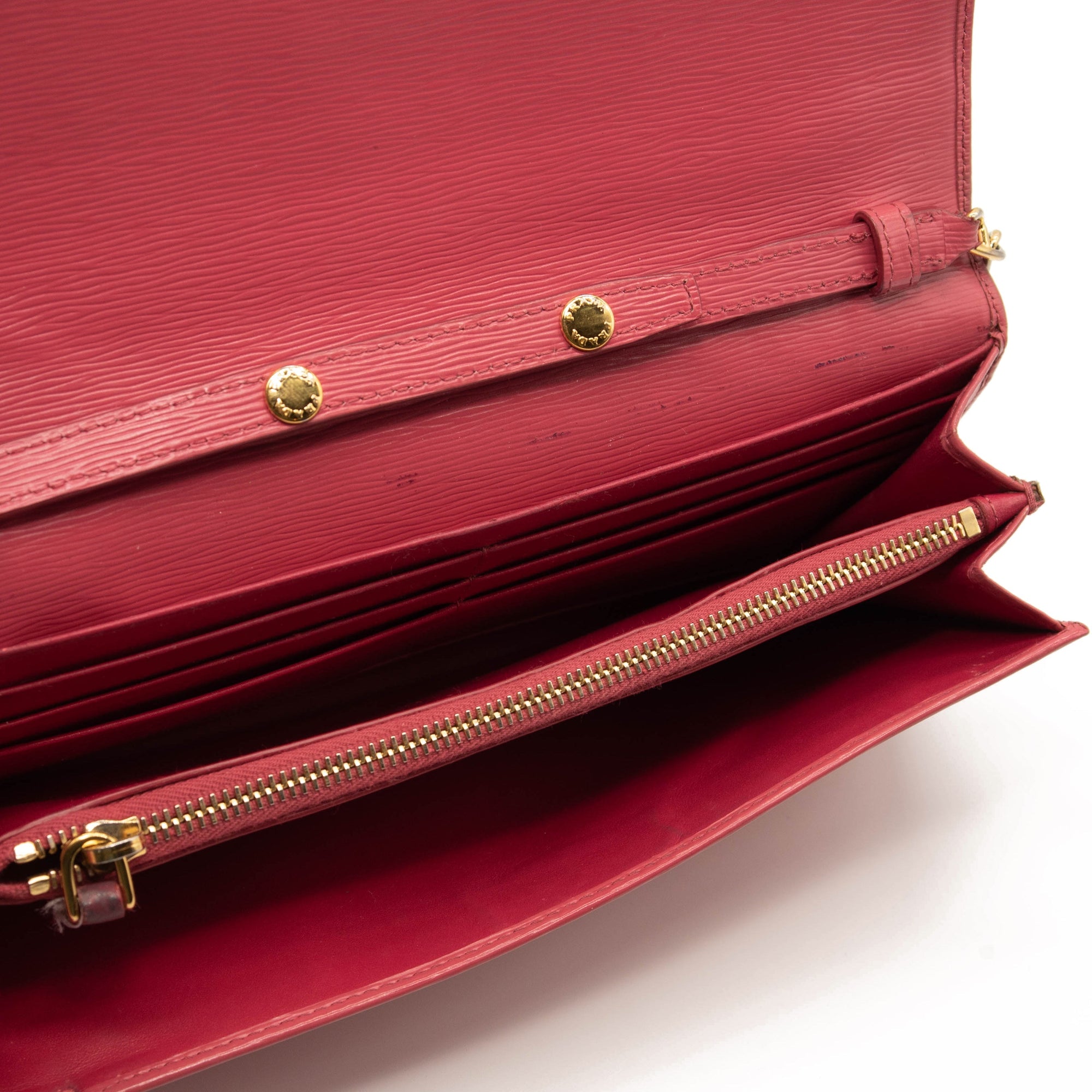 Prada Saffiano Metal Oro Chain Wallet Peonia Pink Crossbody