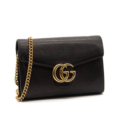 Gucci Marmont Chain Wallet Black Leather Shoulder Bag WOC GG Crossbody