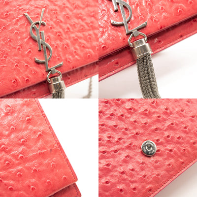 Saint Laurent Ostrich Embossed Kate Monogram Tassel Chain Wallet Pink