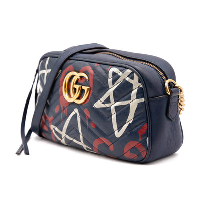 Gucci Marmont Calfskin Matelasse Gucci ghost Chain Blue Leather Shoulder Bag