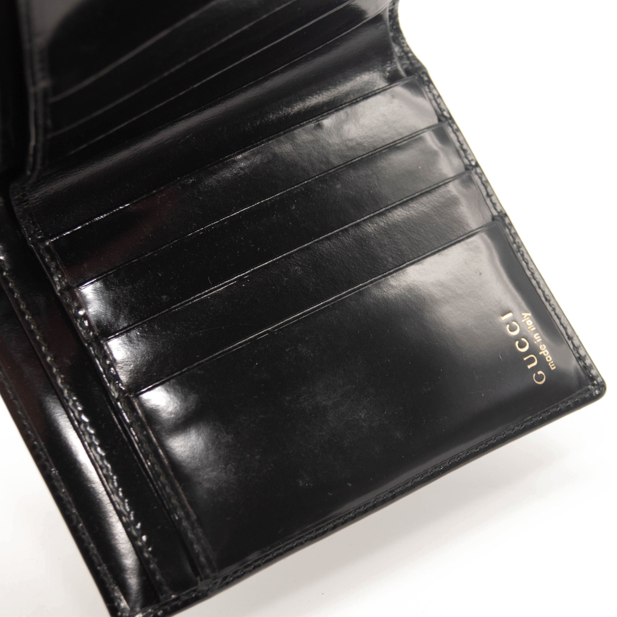 Gucci Vintage Leather French Purse Wallet Bifold Card Holder Black Patent