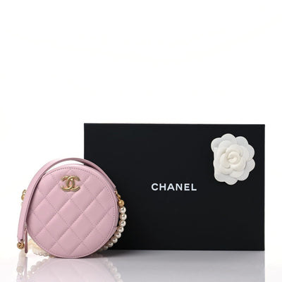 Chanel Calfskin Quilted Pearl Round Clutch With Chain Light Pink