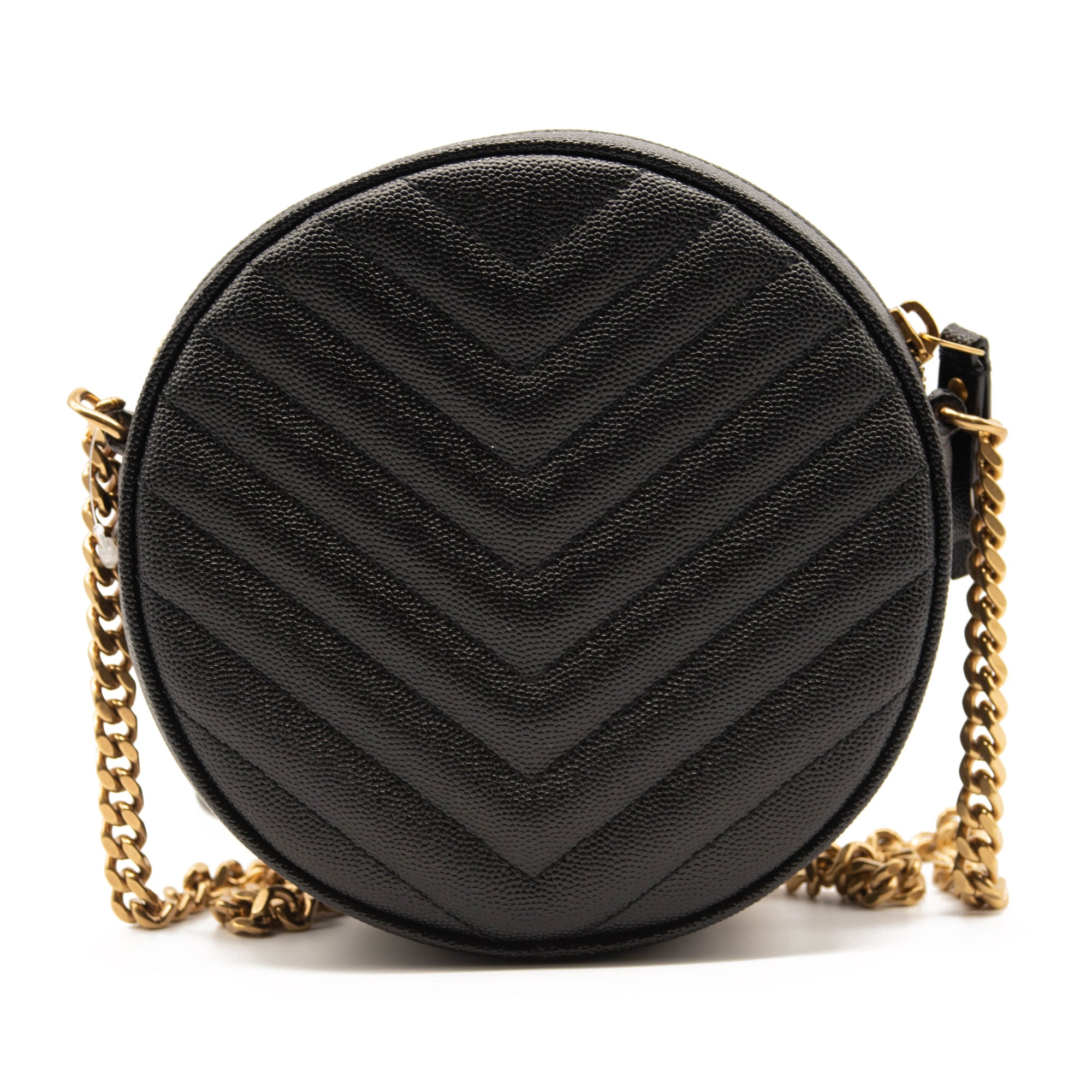 Saint Laurent Grain De Poudre Matelasse Chevron Quilted Round Vinyle Camera Bag Black