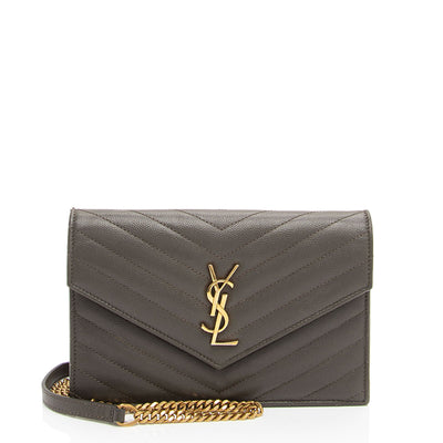 SAINT LAURENT Grain De Poudre Matelasse Chevron Monogram Chain Wallet Fog