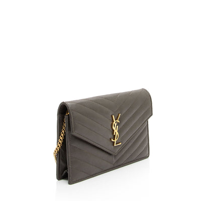 SAINT LAURENT Grain De Poudre Matelasse Chevron Monogram Chain Wallet Fog