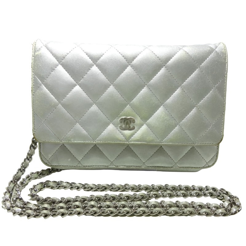 CHANEL Metallic Lambskin Quilted Wallet On Chain WOC Silver 15*