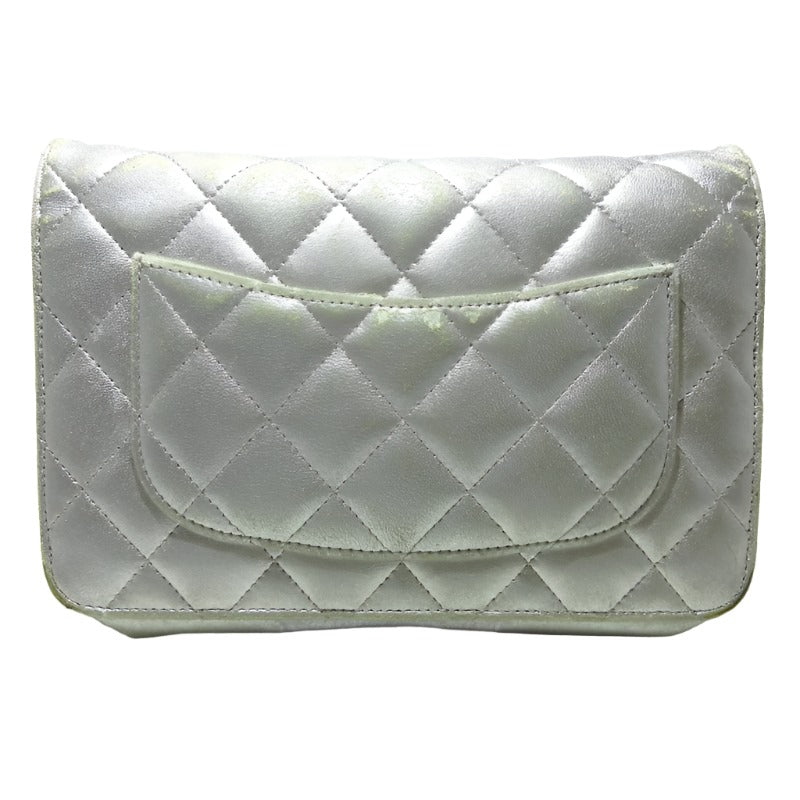 CHANEL Metallic Lambskin Quilted Wallet On Chain WOC Silver 15*