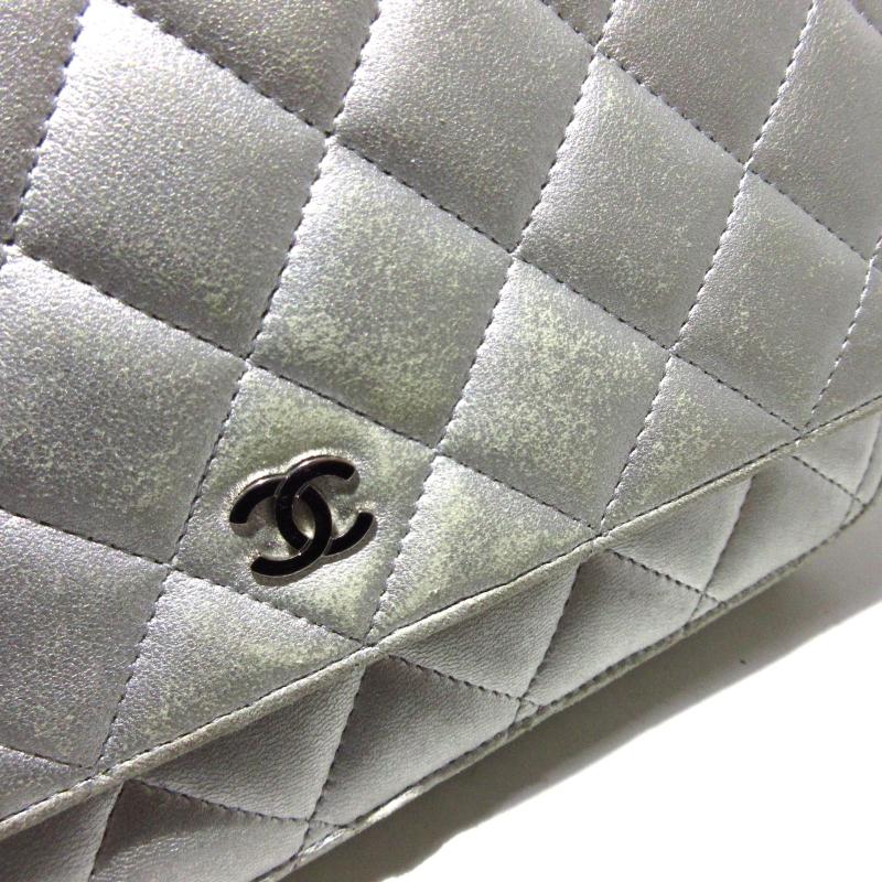 CHANEL Metallic Lambskin Quilted Wallet On Chain WOC Silver 15*