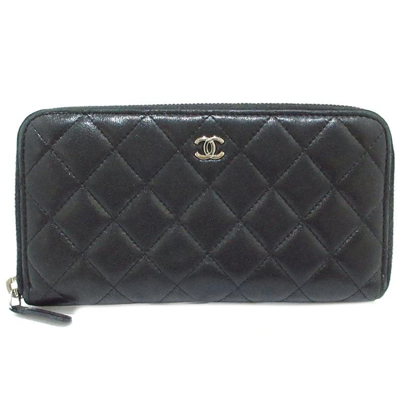 PRE-ORDER CHANEL Lambskin Quilted Large Gusset Zip Around Wallet Black  15*