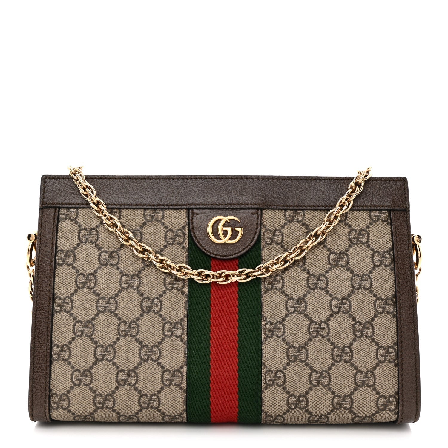 $2050 CONSIGNMENT GUCCI GG Supreme Monogram Web Small Ophidia Chain Shoulder Bag Brown