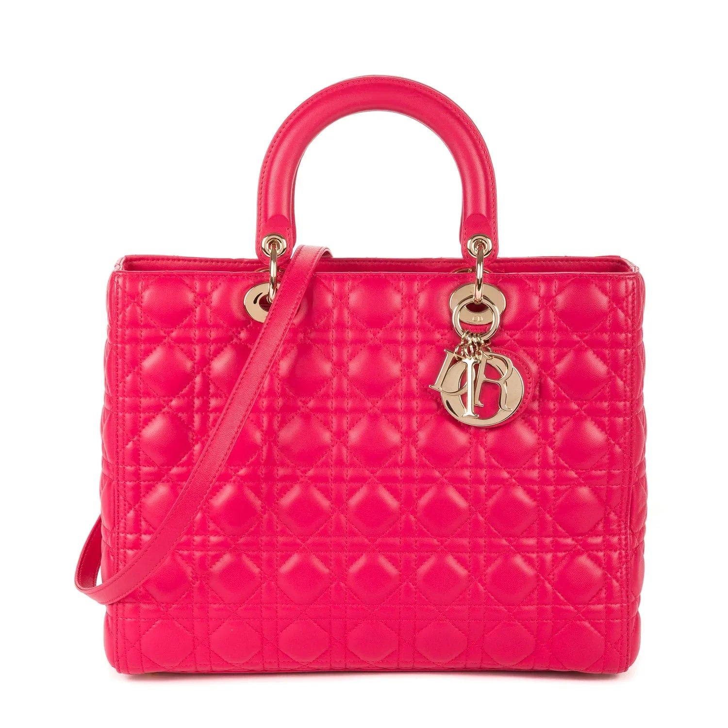 $7000 Christian Dior Lambskin Cannage Large Lady Dior Fuchsia