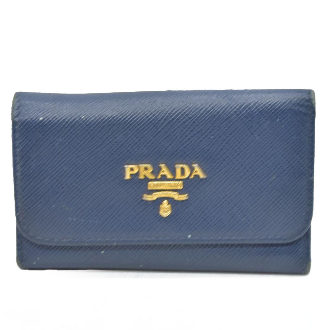 PRADA Logo Saffiano Leather 6 Ring Key Case Navy blue