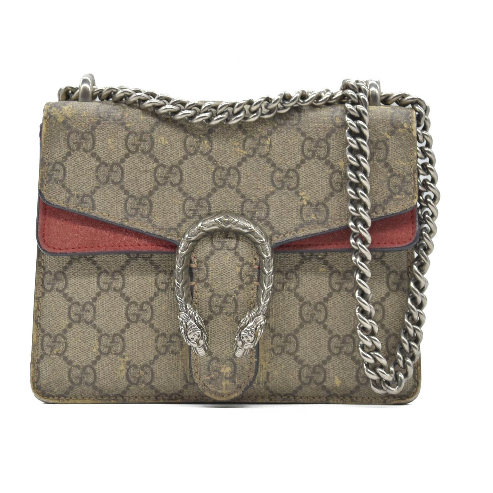 $2600 Gucci GG Supreme Monogram Suede Cudu Medium Dionysus Shoulder Bag Beige Ebony Vulcanic Red