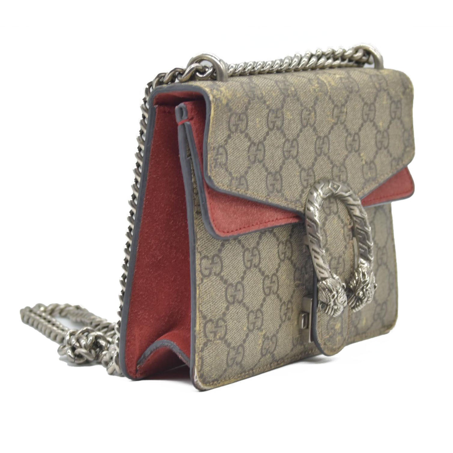$2600 Gucci GG Supreme Monogram Suede Cudu Medium Dionysus Shoulder Bag Beige Ebony Vulcanic Red