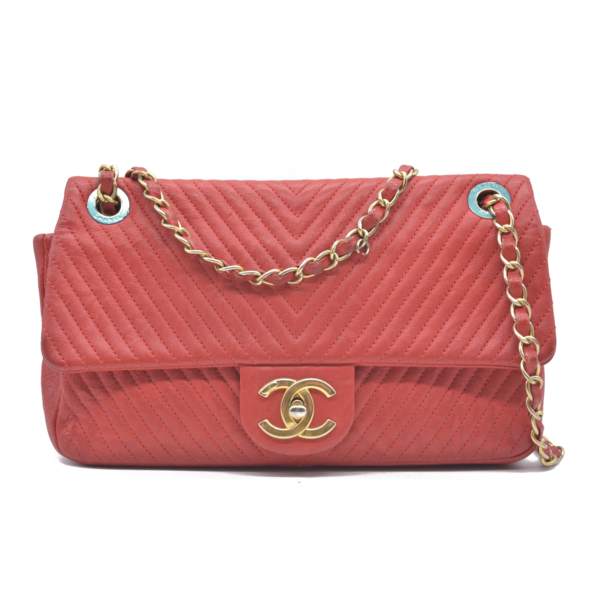 $4450 Chanel Calfskin Surpique Chevron Medium Flap 2016