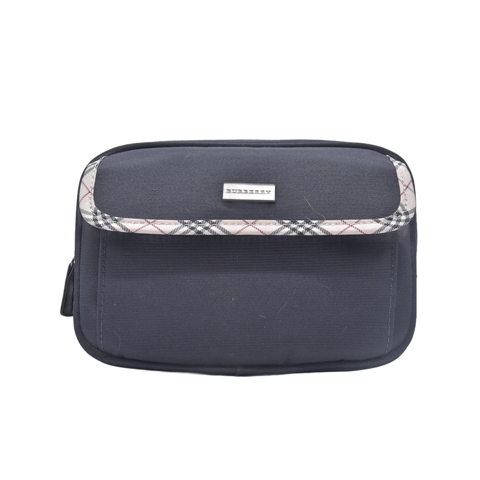 $380 BURBERRY Canvas Plaid Trim Flap Pocket Cosmetic Case Black CONSIGNMENT 10021231