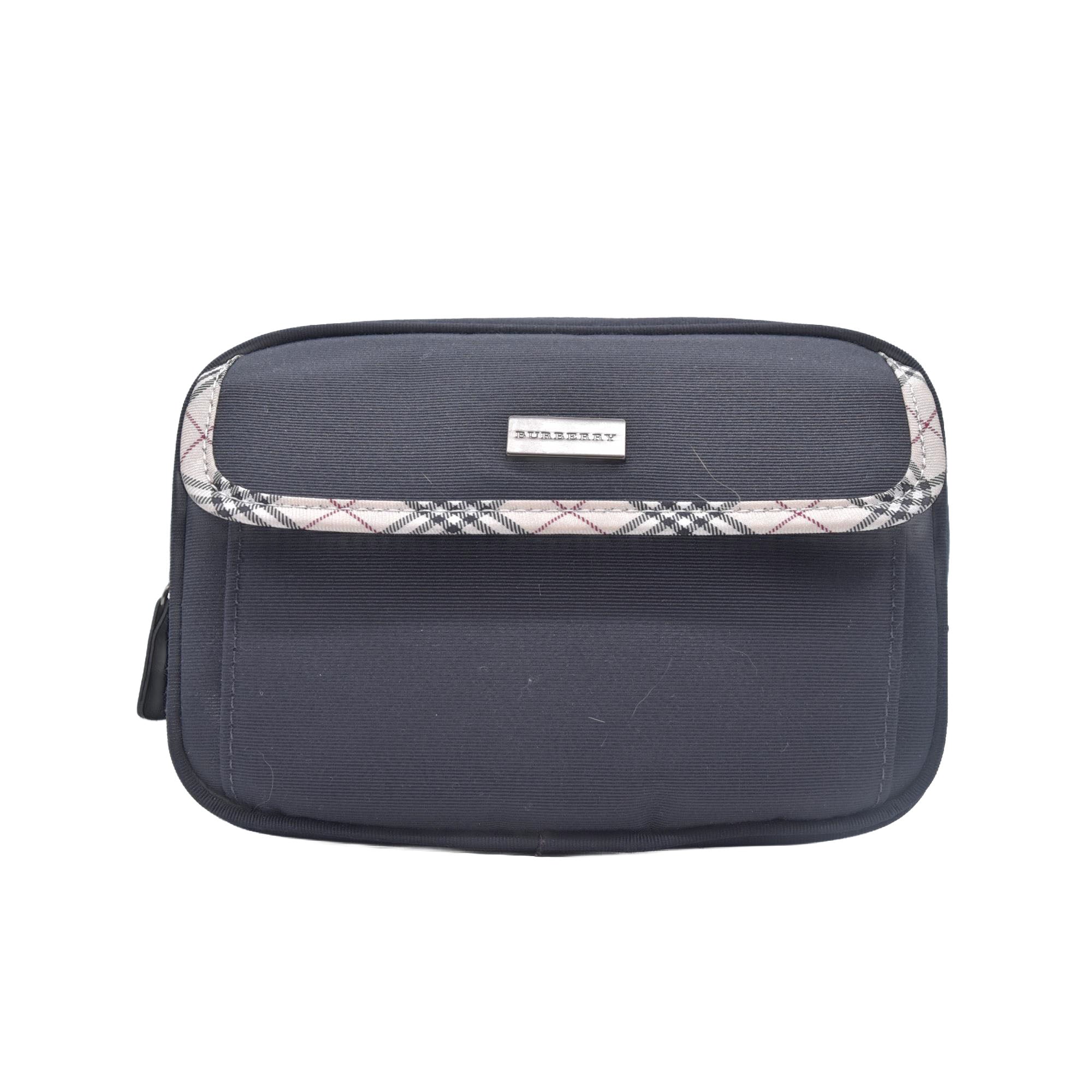 $380 BURBERRY Canvas Plaid Trim Flap Pocket Cosmetic Case Black CONSIGNMENT 10021231