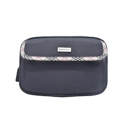 $380 BURBERRY Canvas Plaid Trim Flap Pocket Cosmetic Case Black CONSIGNMENT 10021231