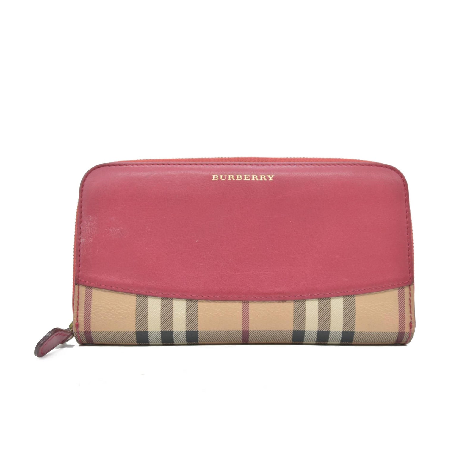 Burberry Grainy Calfskin House Check Elmore Zip Around Wallet Russet Red CONSIGNMENT
