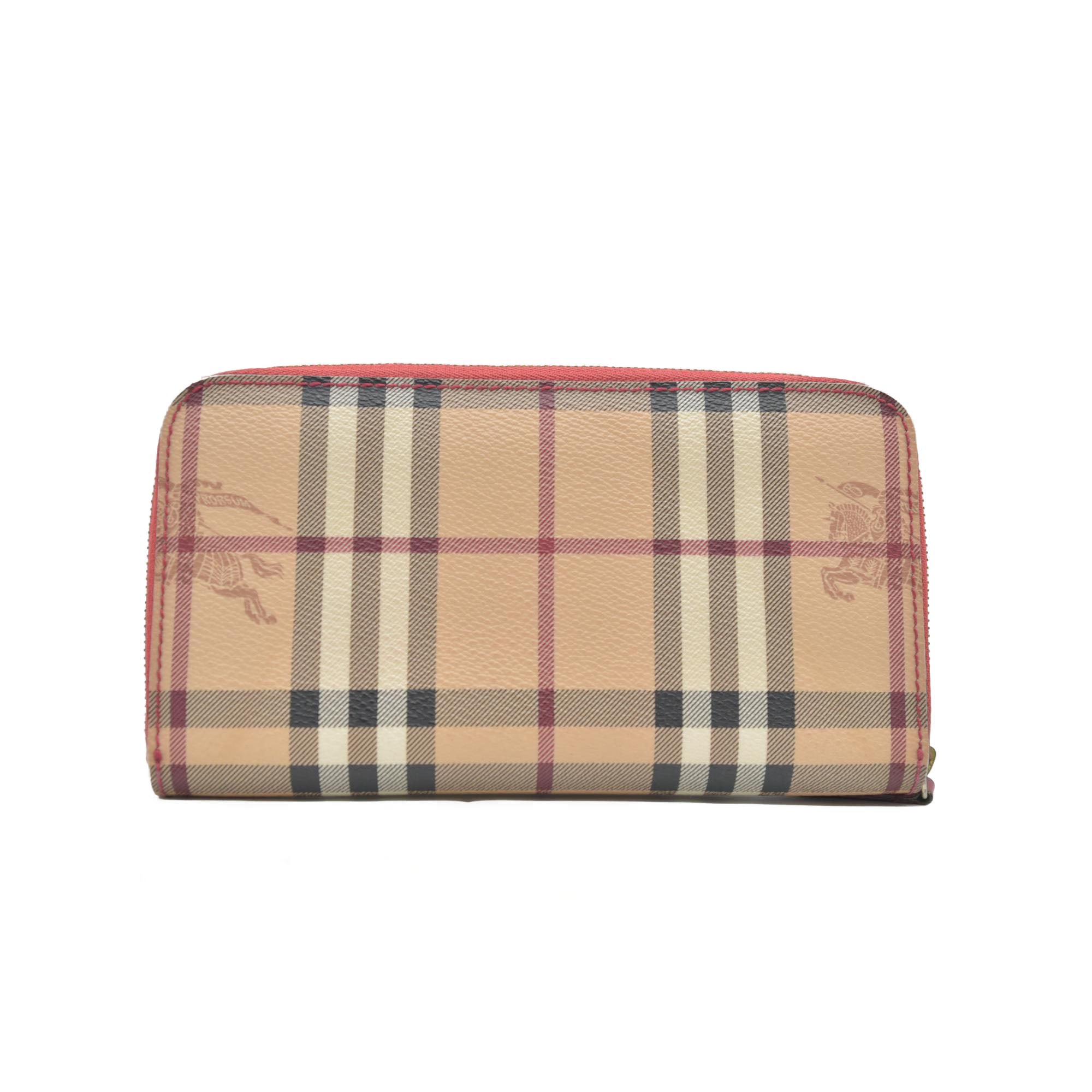 Burberry Grainy Calfskin House Check Elmore Zip Around Wallet Russet Red CONSIGNMENT