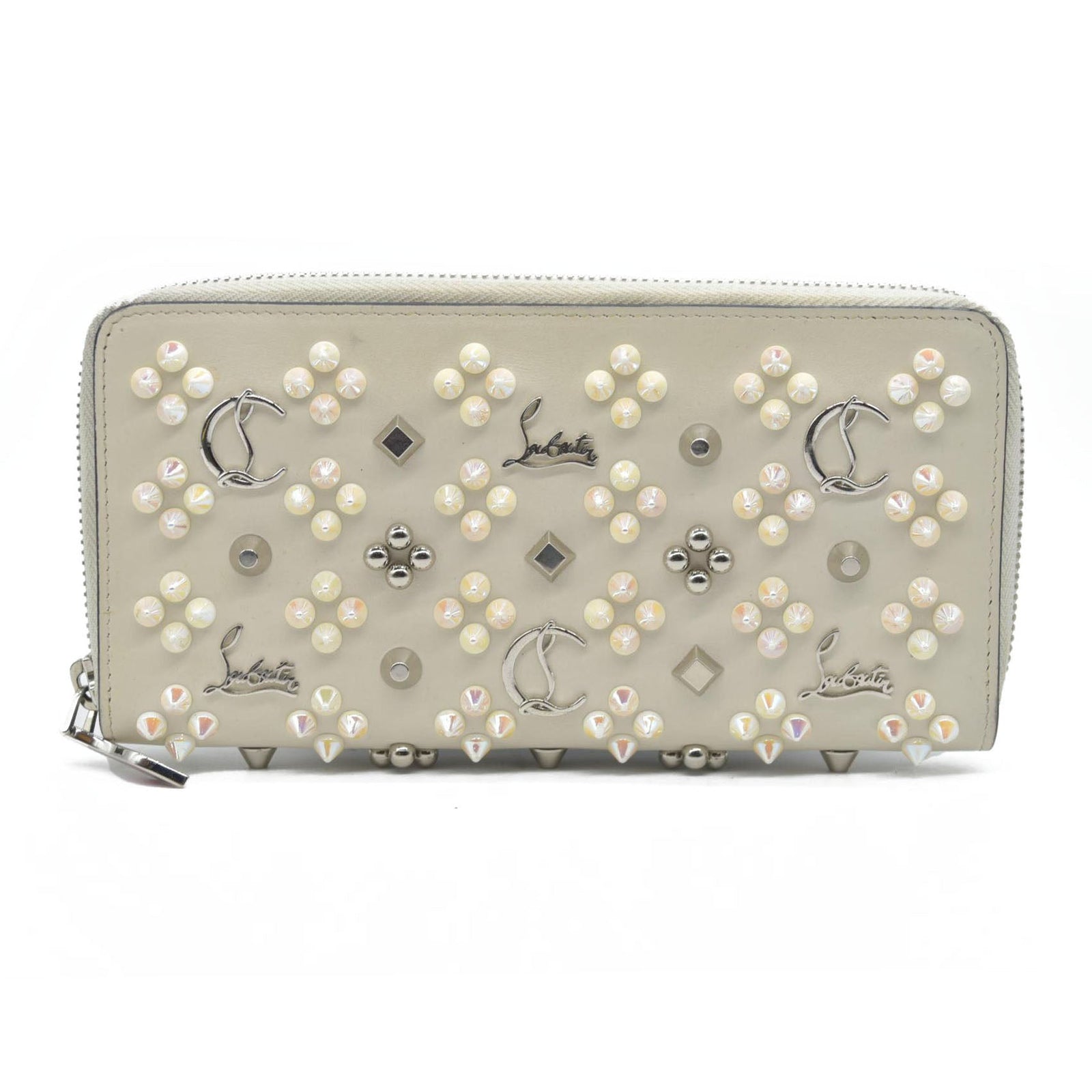 $950 CONSIGNMENT Christian Louboutin Panettone Long Wallet Cream with Loubinthesky Spikes
