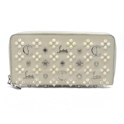 $950 CONSIGNMENT Christian Louboutin Panettone Long Wallet Cream with Loubinthesky Spikes