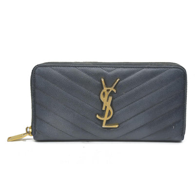 $950 CONSIGNMENT Saint Laurent CASSANDRE MATELASSÉ ZIP AROUND WALLET IN GRAIN DE POUDRE LEATHER