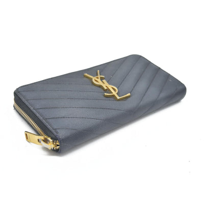 $950 CONSIGNMENT Saint Laurent CASSANDRE MATELASSÉ ZIP AROUND WALLET IN GRAIN DE POUDRE LEATHER