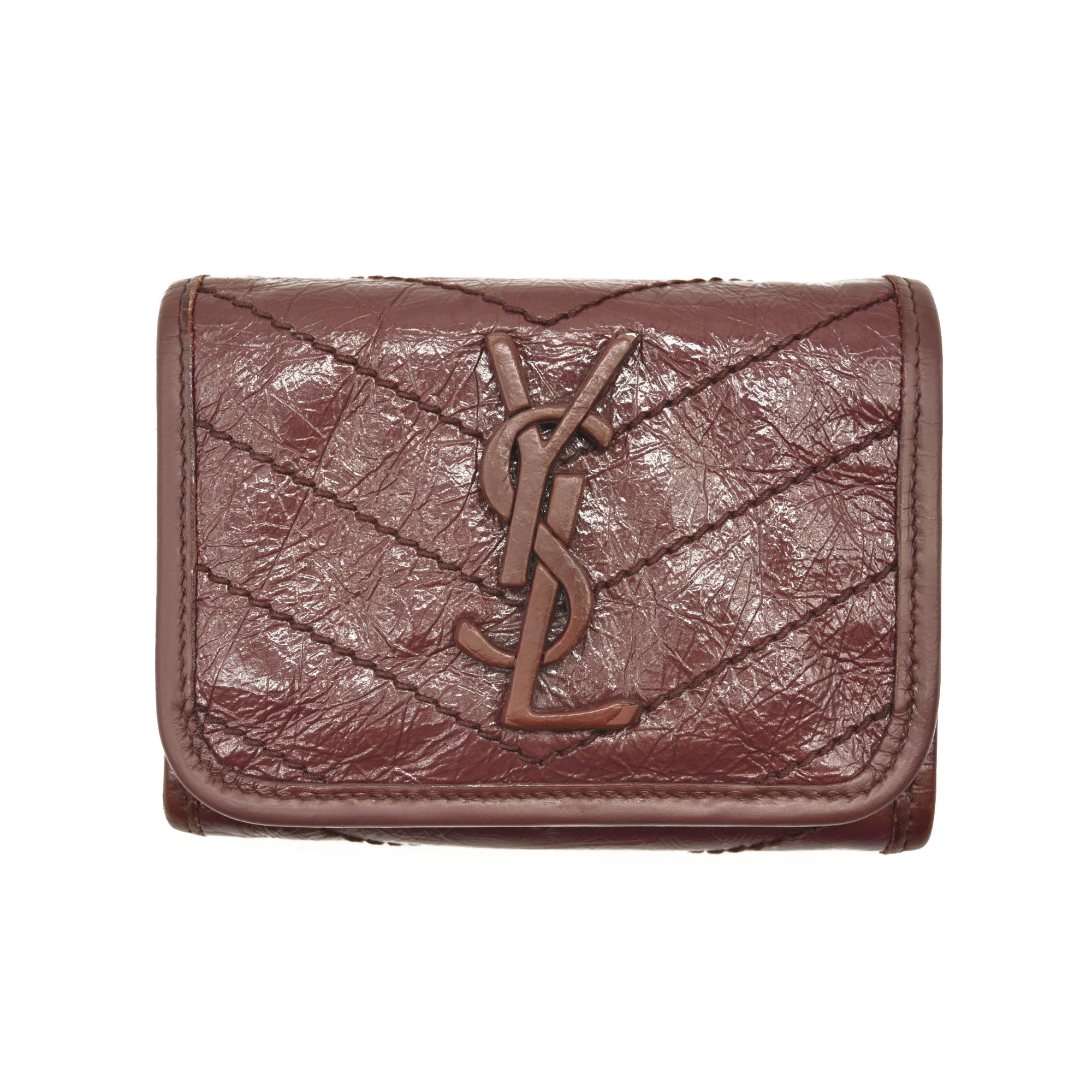 Saint Laurent Compact Niki Wallet Burgundy Leather Crinkled