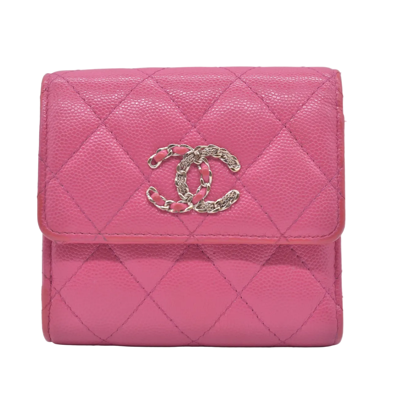$1025 2020 CHANEL Interlocking CC Chain Small Flap Tri-Fold Wallet Pink Caviar Leather