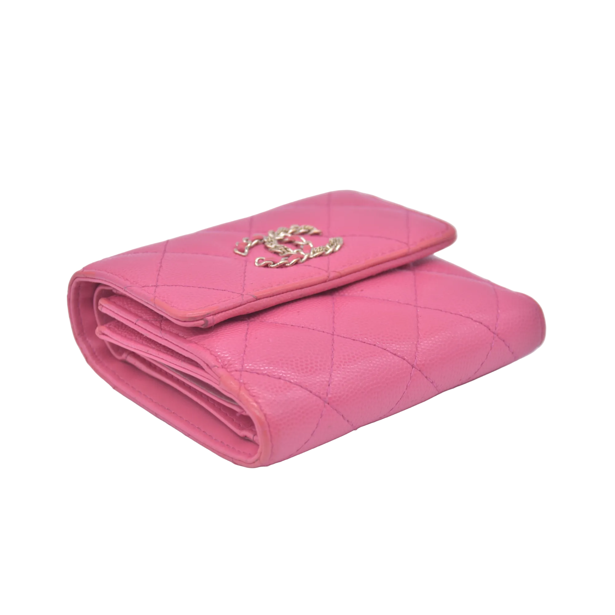 $1025 2020 CHANEL Interlocking CC Chain Small Flap Tri-Fold Wallet Pink Caviar Leather